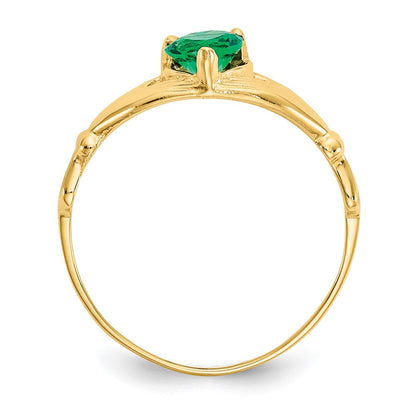 14K Yellow Gold CZ May Birthstone Claddagh Heart Ring