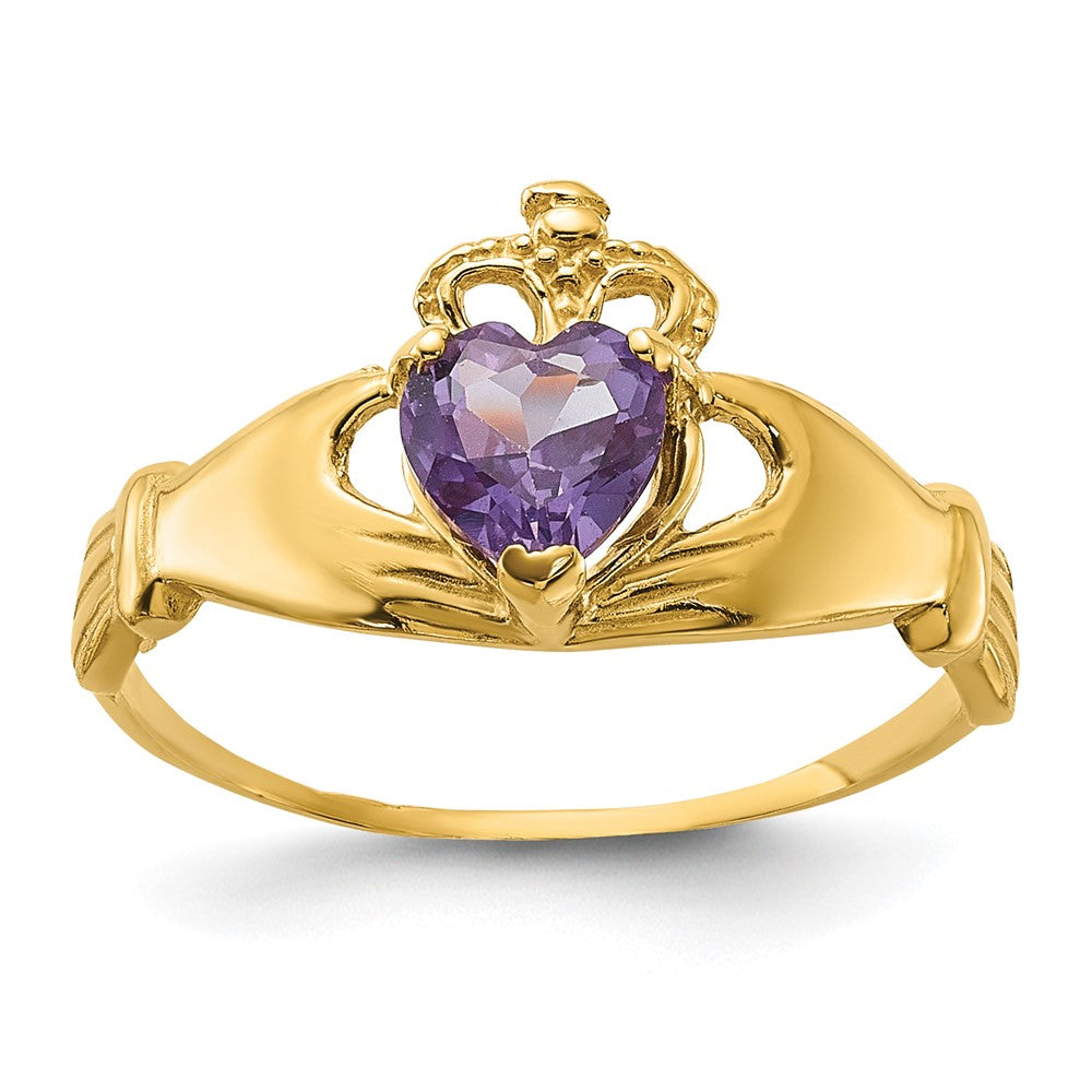 14K Yellow Gold CZ June Birthstone Claddagh Heart Ring