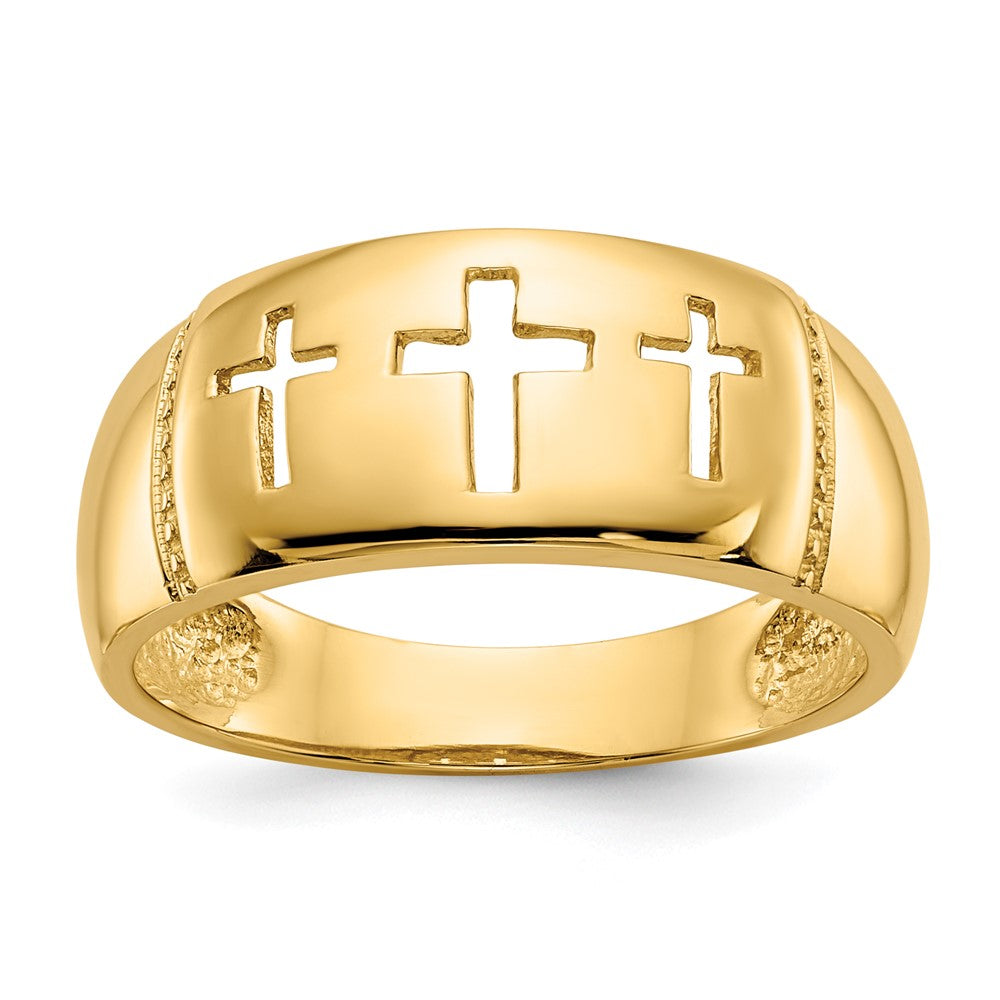 14K Yellow Gold Polished & Rhodium Cut-out 3 Cross Ring