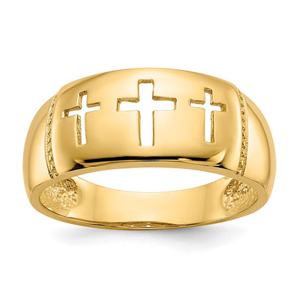 14K Yellow Gold Polished & Rhodium Cut-out 3 Cross Ring