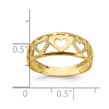 14K Yellow Gold Diamond-cut 5 Heart Ring