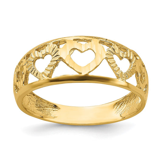 14K Yellow Gold Diamond-cut 5 Heart Ring