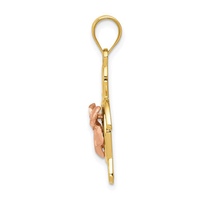 14k Two-tone Gold Diamond-cut Rose Plumeria Turtle Pendant