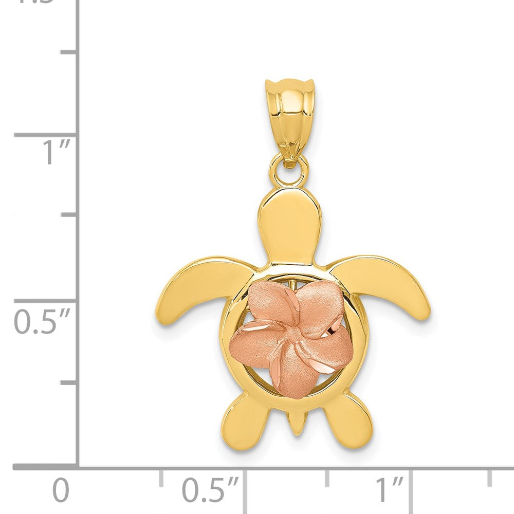 14k Two-tone Gold Diamond-cut Rose Plumeria Turtle Pendant