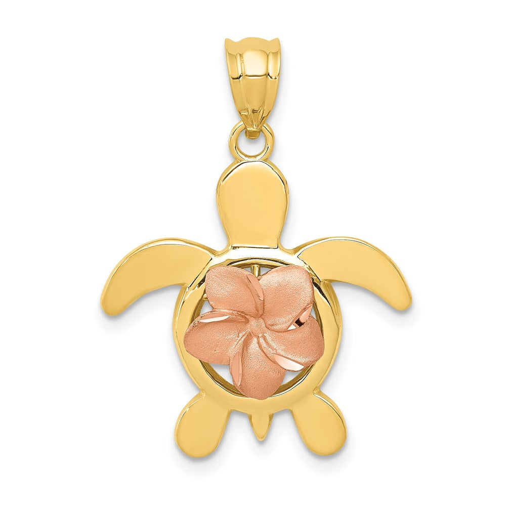 14k Two-tone Gold Diamond-cut Rose Plumeria Turtle Pendant
