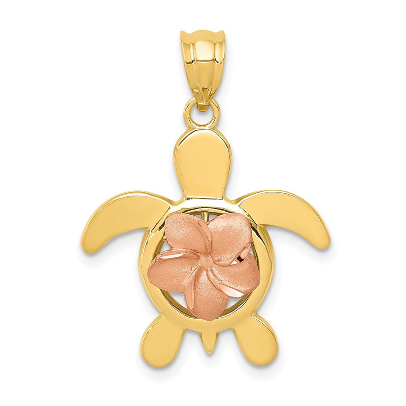 14k Two-tone Gold Diamond-cut Rose Plumeria Turtle Pendant