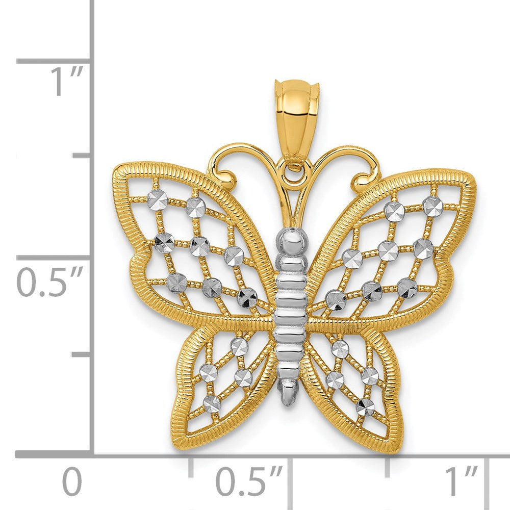 14k Yellow & Rhodium Gold and Rhodium Diamond-cut Butterfly Pendant