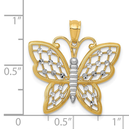 14k Yellow & Rhodium Gold and Rhodium Diamond-cut Butterfly Pendant