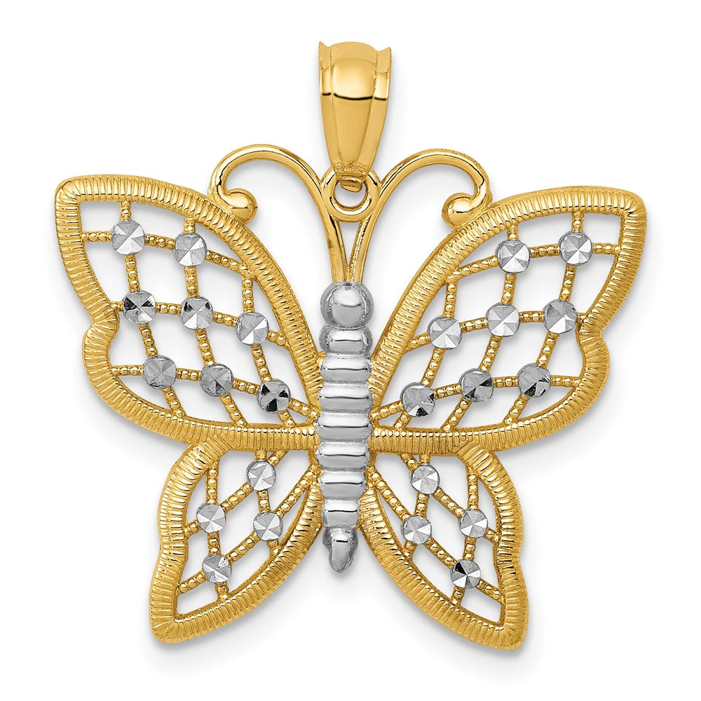 14k Yellow & Rhodium Gold and Rhodium Diamond-cut Butterfly Pendant