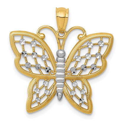 14k Yellow & Rhodium Gold and Rhodium Diamond-cut Butterfly Pendant