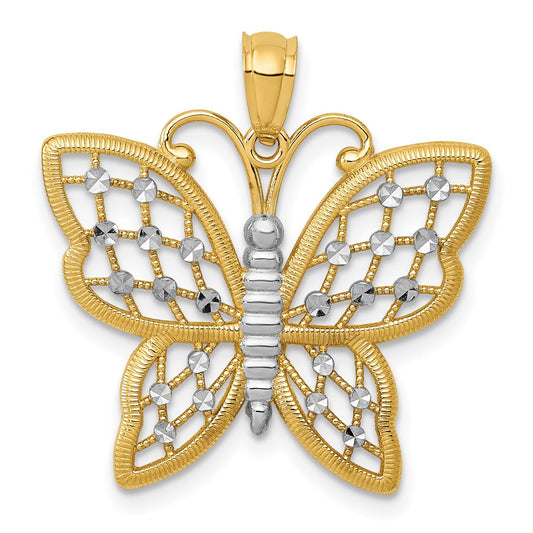 14k Yellow & Rhodium Gold and Rhodium Diamond-cut Butterfly Pendant