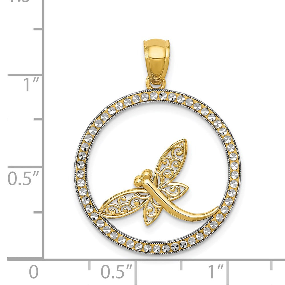 14k Yellow & Rhodium Gold and Rhodium D/C Dragonfly Circle Pendant