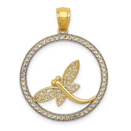 14k Yellow & Rhodium Gold and Rhodium D/C Dragonfly Circle Pendant