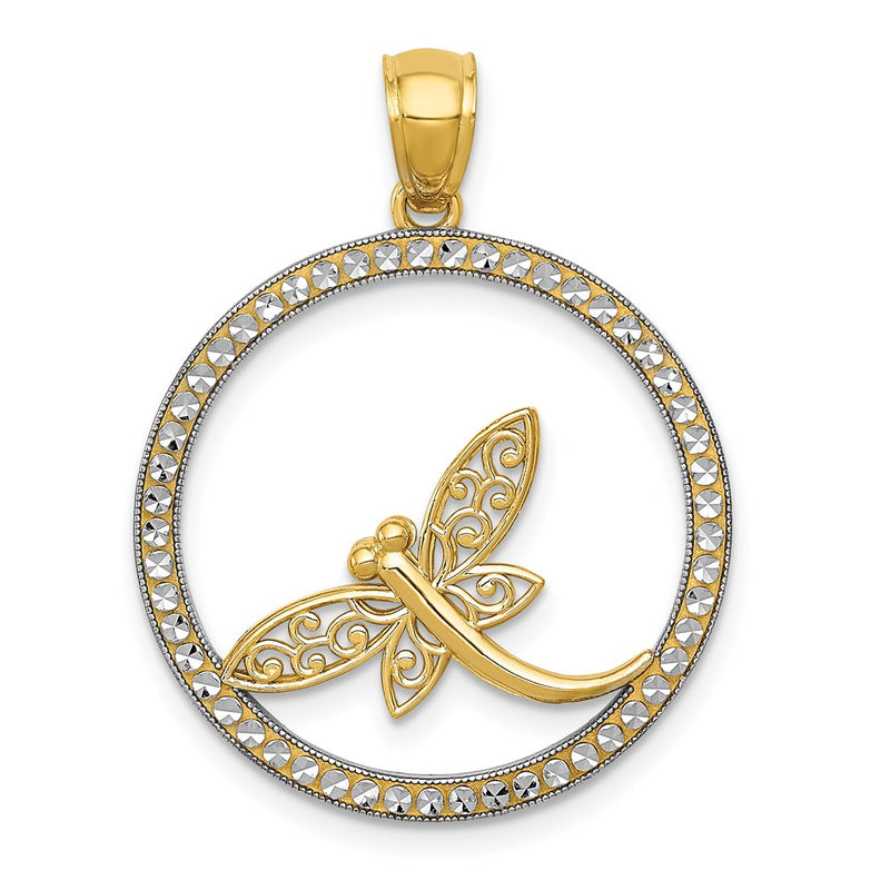 14k Yellow & Rhodium Gold and Rhodium D/C Dragonfly Circle Pendant