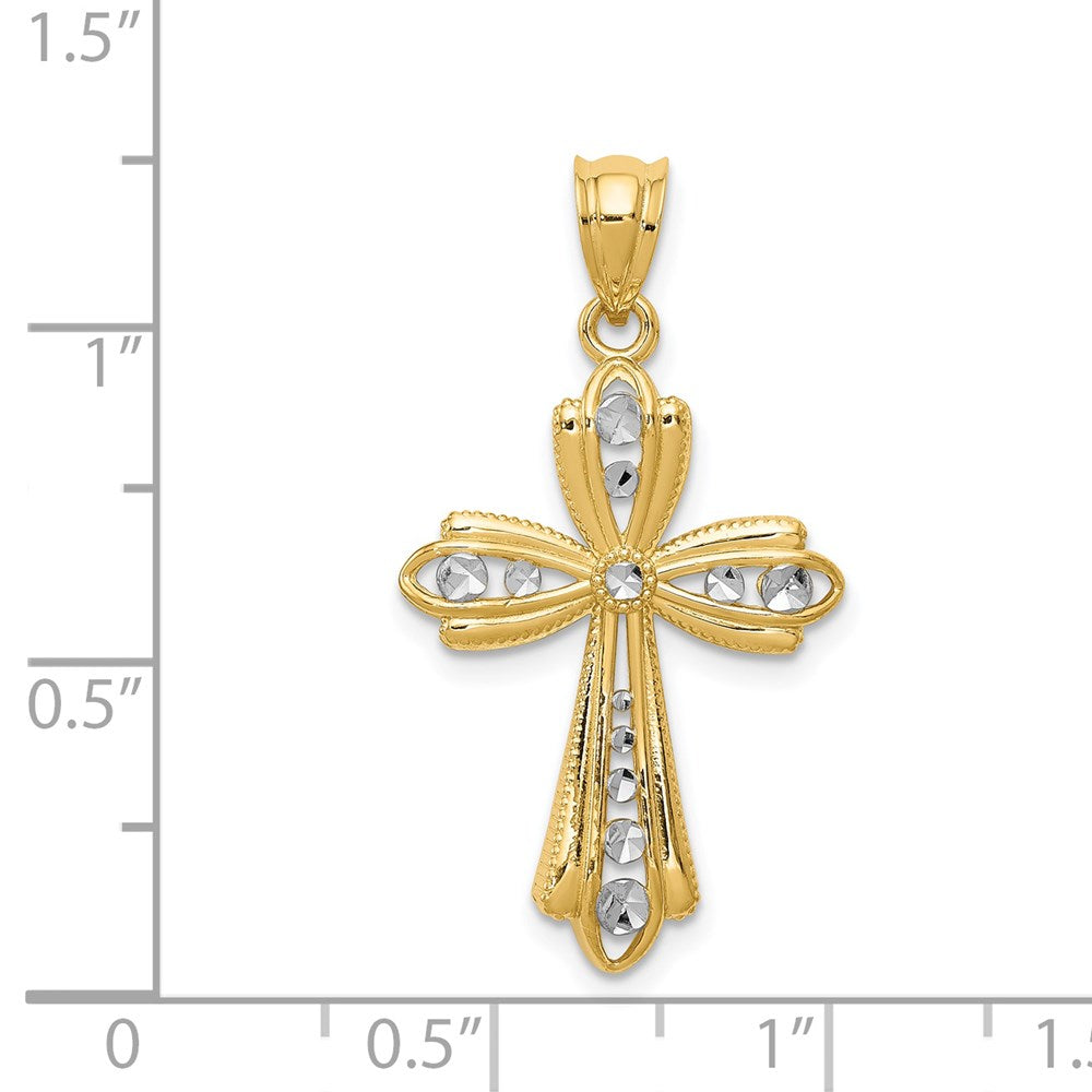 14k Yellow & Rhodium Gold w/Rhodium Diamond Cut Cross Charm