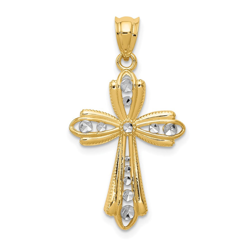14k Yellow & Rhodium Gold w/Rhodium Diamond Cut Cross Charm