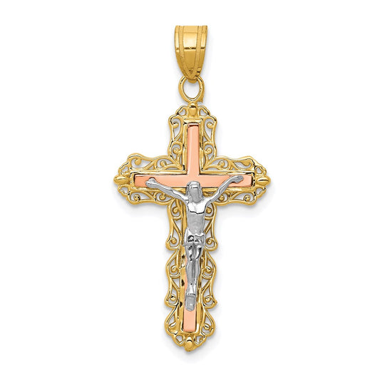 14k Tri-Color Gold Diamond-cut Crucifix Pendant