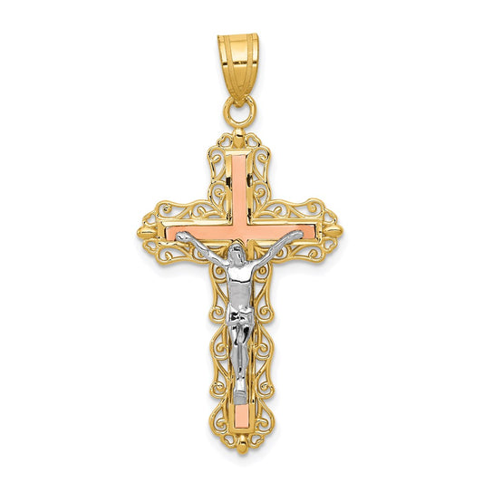14k Tri-Color Gold Diamond-cut Crucifix Pendant