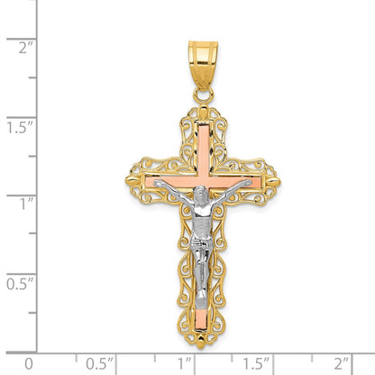 14k Tri-Color Gold Diamond-cut Crucifix Pendant