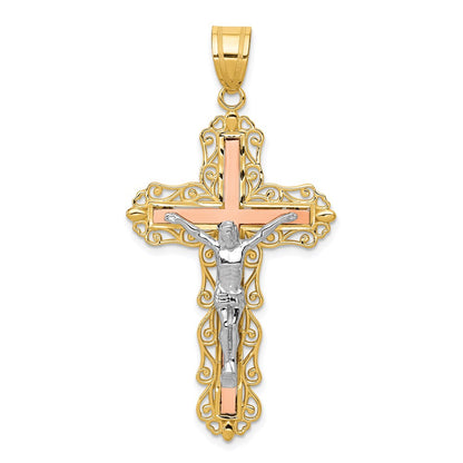 14k Tri-Color Gold Diamond-cut Crucifix Pendant