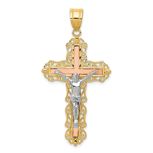 14k Tri-Color Gold Diamond-cut Crucifix Pendant