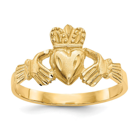 14K Yellow Gold Satin and Diamond-cut Claddagh Ring