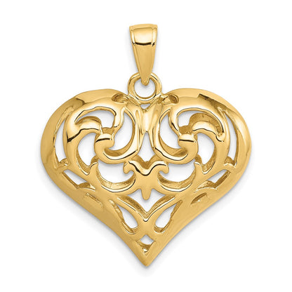 14k Yellow Gold Polished 3-D Filigree Puffed Heart Pendant