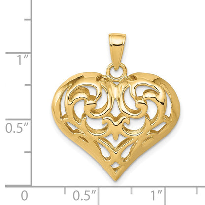 14k Yellow Gold Polished 3-D Filigree Puffed Heart Pendant