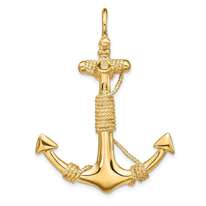 14k Yellow Gold 3-D Solid Anchor with Rope Pendant