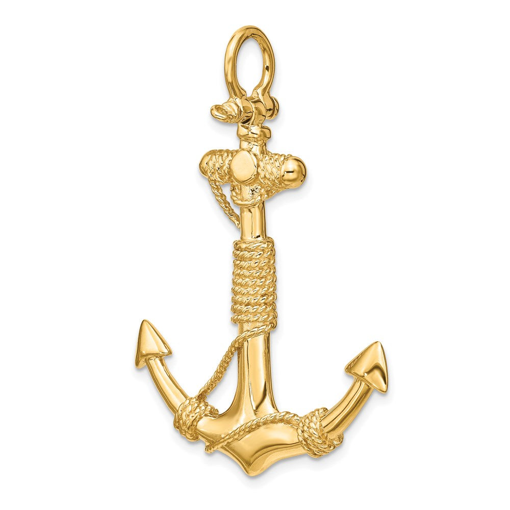 14k Yellow Gold 3-D Solid Anchor with Rope Pendant