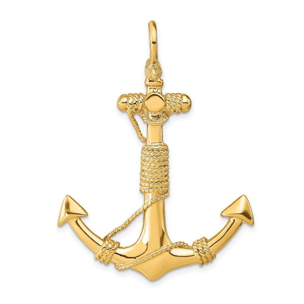 14k Yellow Gold 3-D Solid Anchor with Rope Pendant