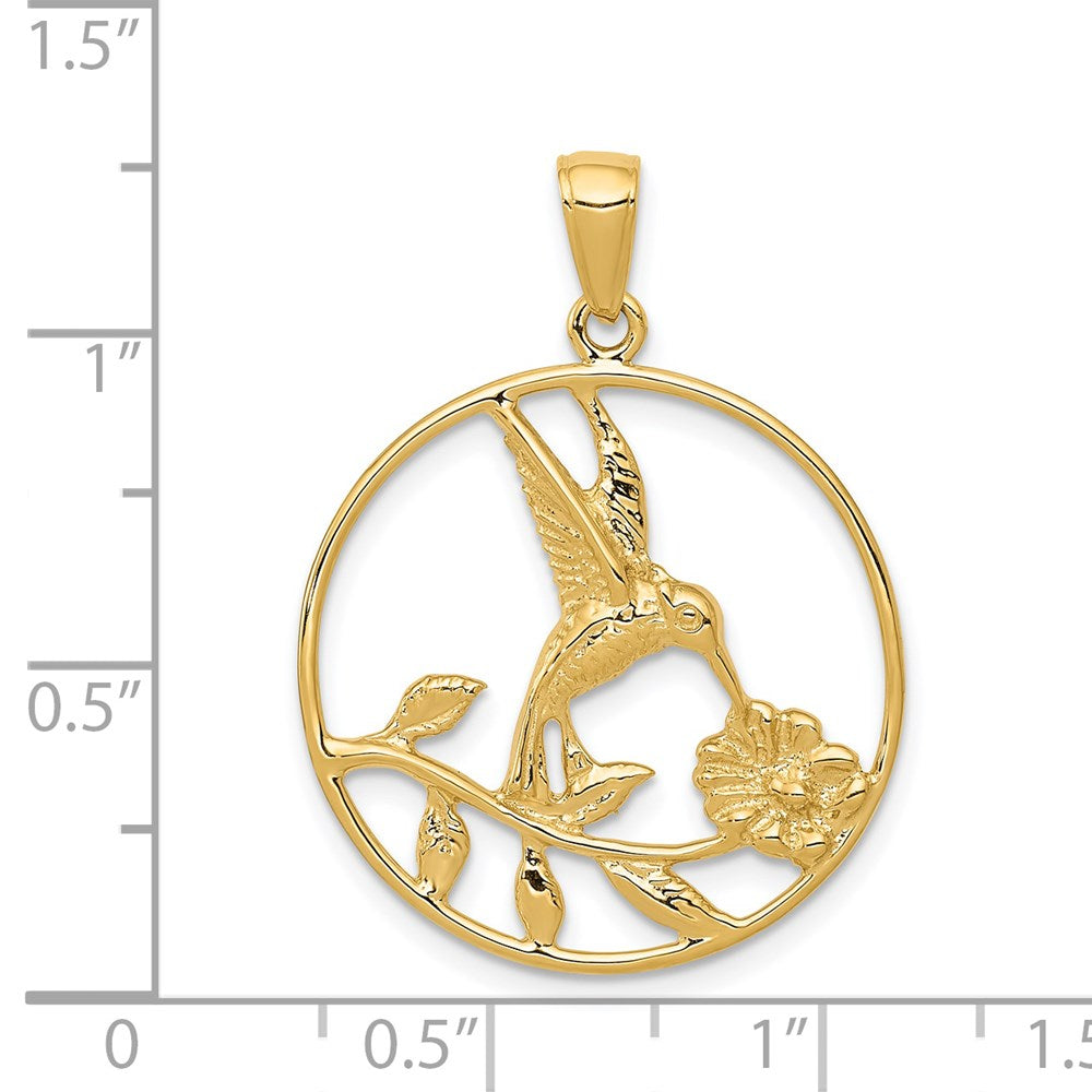14k Yellow Gold Hummingbird in Round Frame Pendant