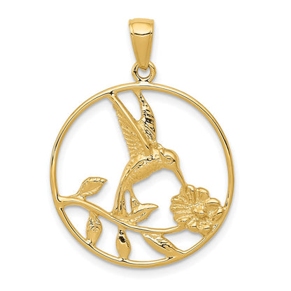 14k Yellow Gold Hummingbird in Round Frame Pendant