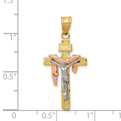 14k Tri-Color Gold Diamond-cut Small Draped INRI Crucifix Pendant
