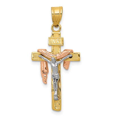 14k Tri-Color Gold Diamond-cut Small Draped INRI Crucifix Pendant