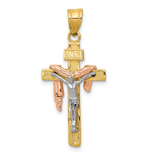 14k Tri-Color Gold Diamond-cut Small Draped INRI Crucifix Pendant