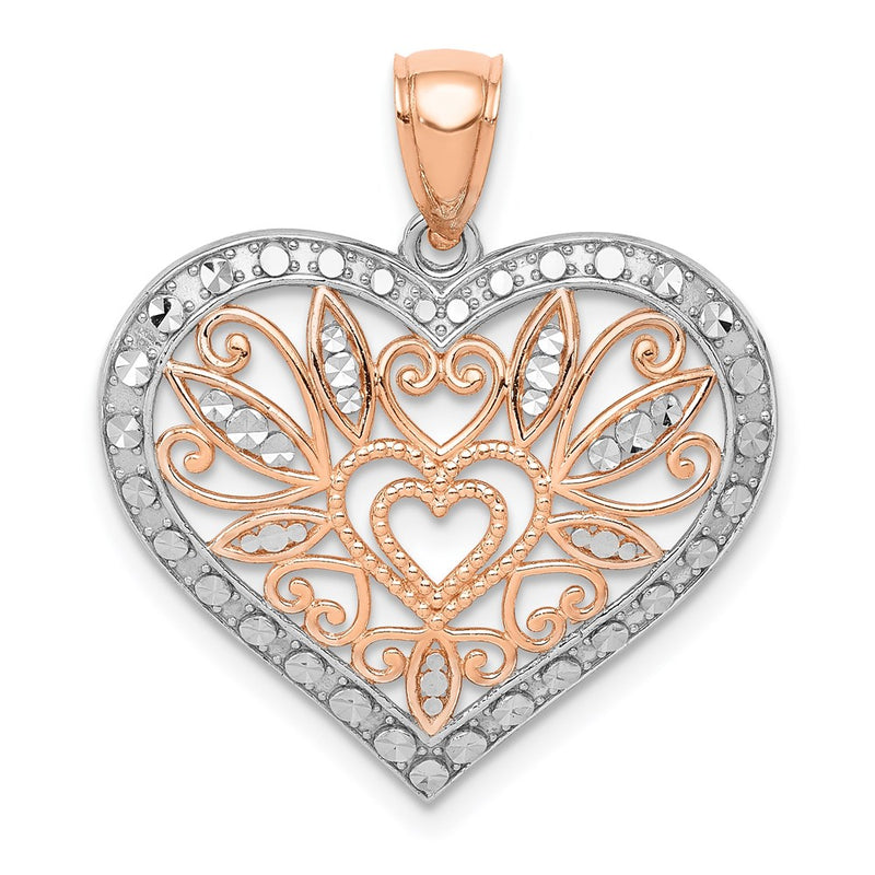 14k Rose Gold Rose w/White Rhodium Polished Fancy Heart Pendant