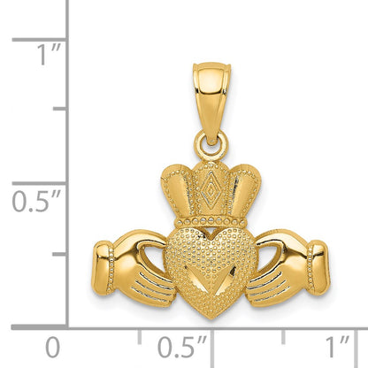 14k Yellow Gold Polished/Textured Claddagh Pendant