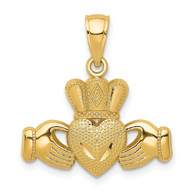 14k Yellow Gold Polished/Textured Claddagh Pendant
