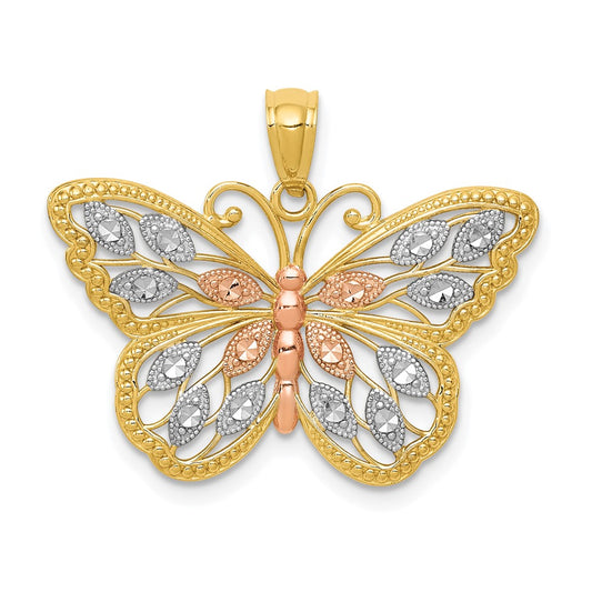14k Yellow & Rhodium Gold w/White and Rose Rhodium Diamond-cut Butterfly Pendant