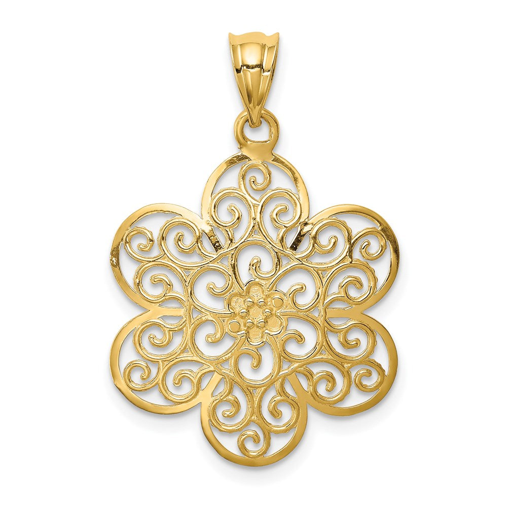 14k Yellow & Rhodium Gold and White Rhodium Polished & Diamond-cut Flower Pendant