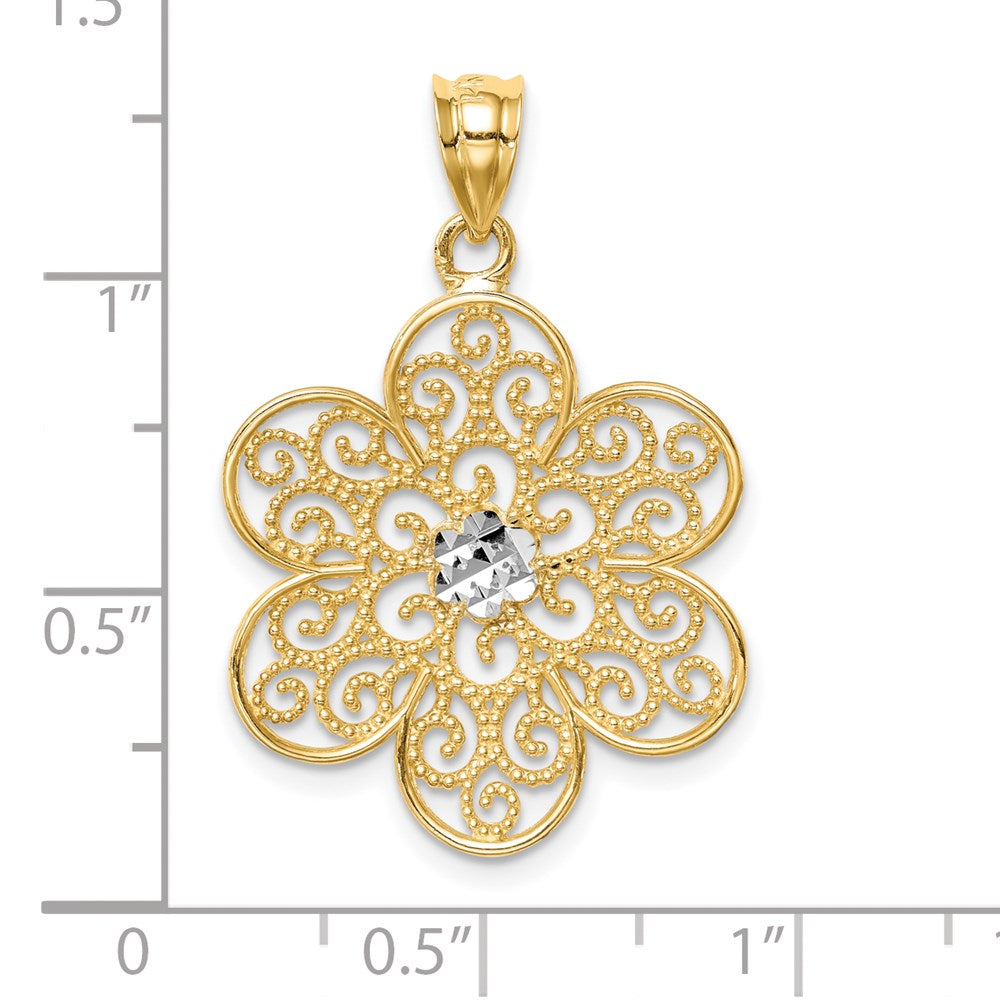 14k Yellow & Rhodium Gold and White Rhodium Polished & Diamond-cut Flower Pendant