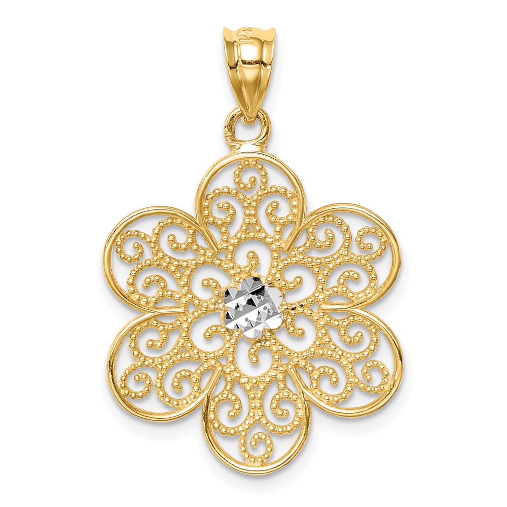 14k Yellow & Rhodium Gold and White Rhodium Polished & Diamond-cut Flower Pendant
