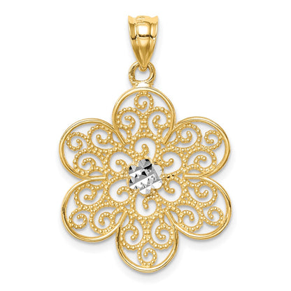 14k Yellow & Rhodium Gold and White Rhodium Polished & Diamond-cut Flower Pendant