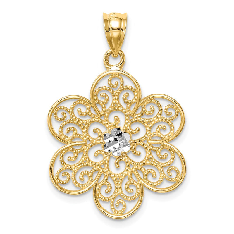 14k Yellow & Rhodium Gold and White Rhodium Polished & Diamond-cut Flower Pendant
