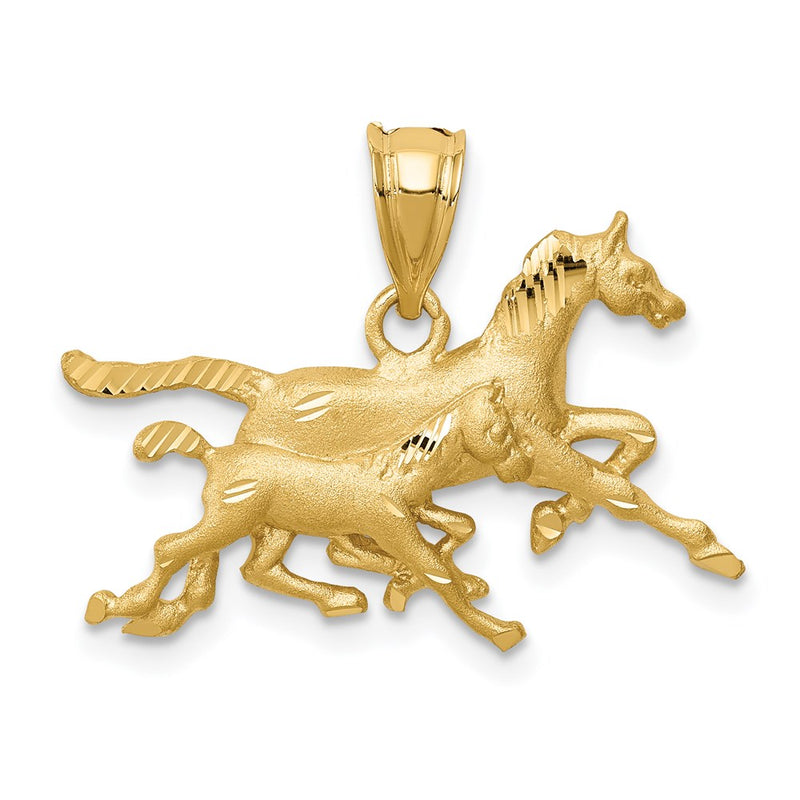 14k Yellow Gold Brushed & Diamond-cut Running Horses Pendant