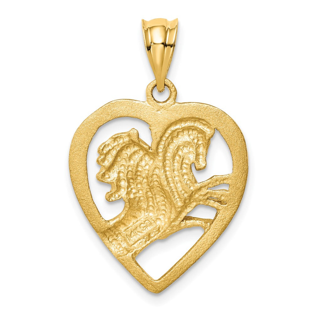14k Yellow Gold Brushed & Diamond-cut Horses in Heart Pendant