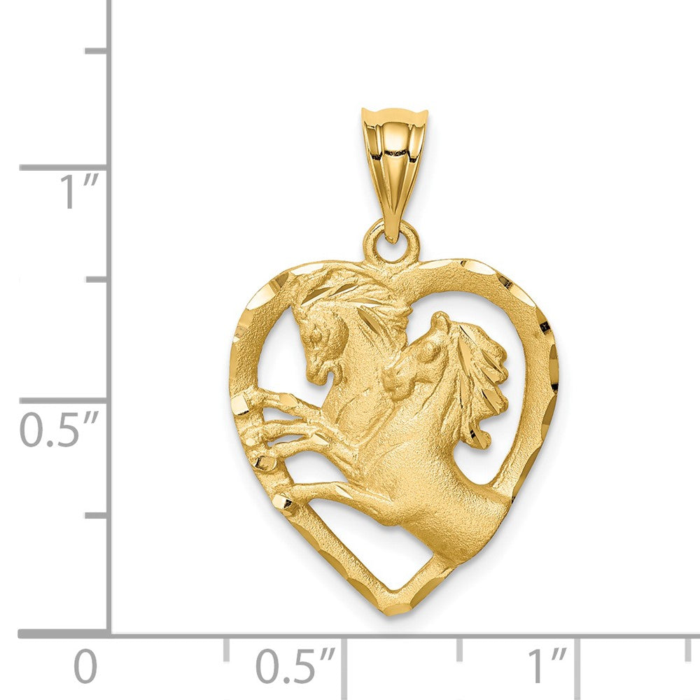 14k Yellow Gold Brushed & Diamond-cut Horses in Heart Pendant