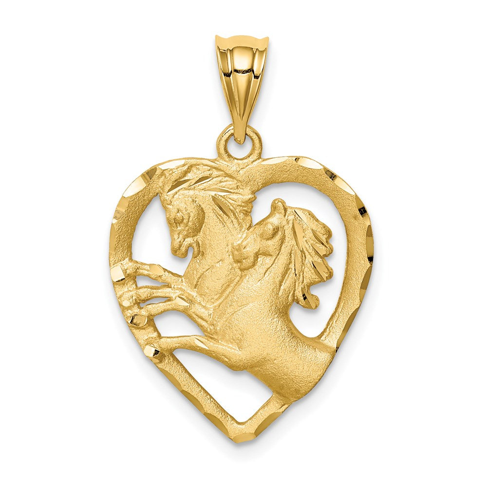 14k Yellow Gold Brushed & Diamond-cut Horses in Heart Pendant