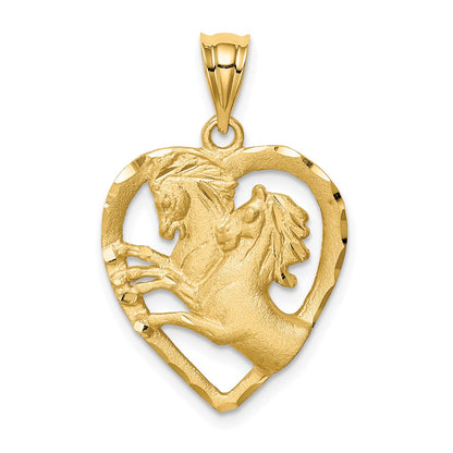 14k Yellow Gold Brushed & Diamond-cut Horses in Heart Pendant